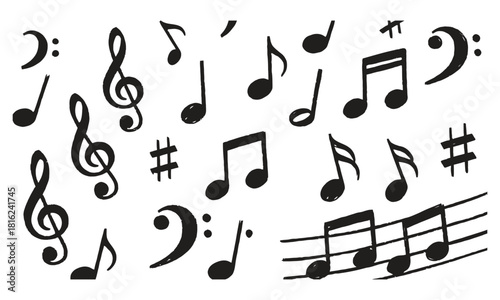 Hand drawn black music notes and symbols illustration, including clefs, sharps, and a staff, on a clean white background.