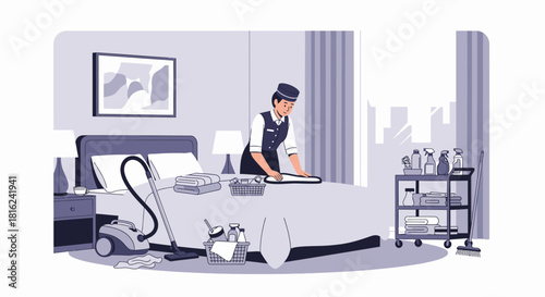 Hotel maid tidies up a room, making the bed and preparing it for the next guest with cleaning supplies nearby.