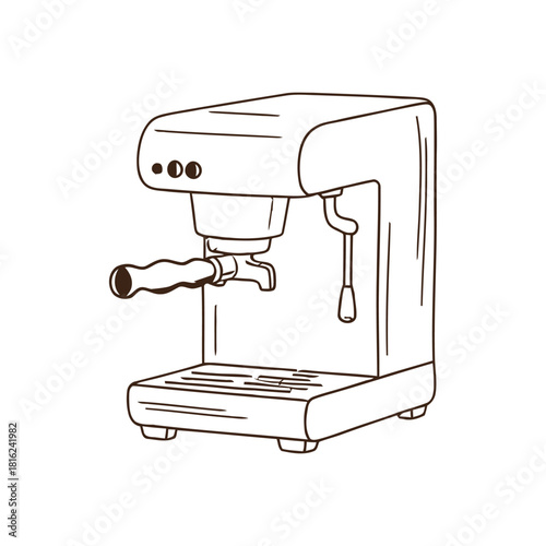 Line art illustration of a modern espresso coffee machine with portafilter and steam wand, brewing equipment.