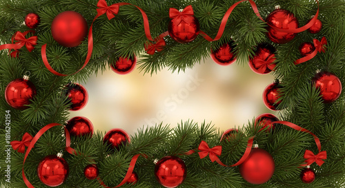 A festive Christmas frame made of evergreen branches, decorated with shiny red baubles and ribbons.