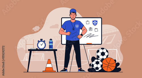 Coach standing in front of a whiteboard with sports symbols, next to a table with a timer and water bottle.