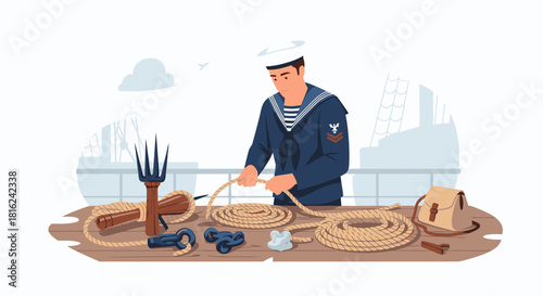 A sailor in uniform meticulously working with ropes on a wooden deck.