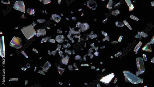 Abstract Crystal Explosion Dynamic Shattered Glass Fragments Against Black Background