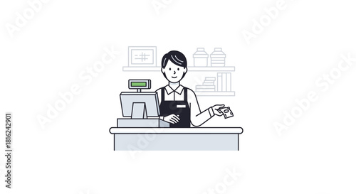 A cashier stands behind a counter, holding money, ready to serve customers.