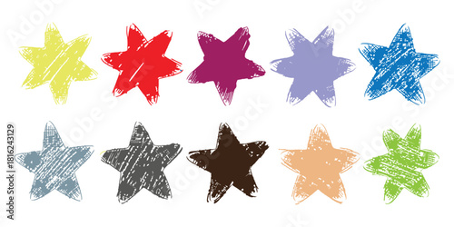 Colorful hand-drawn stars with artistic scribbled texture, a vibrant graphic collection on a clean white background.