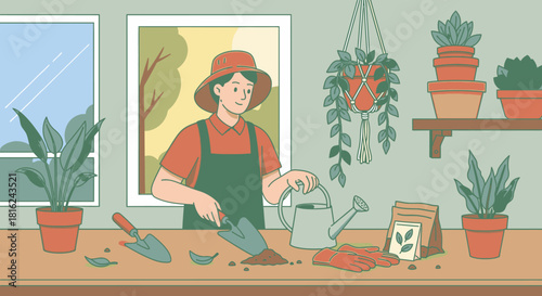 Person gardening indoors, potting soil with a trowel, surrounded by plants, seeds, and gardening tools.