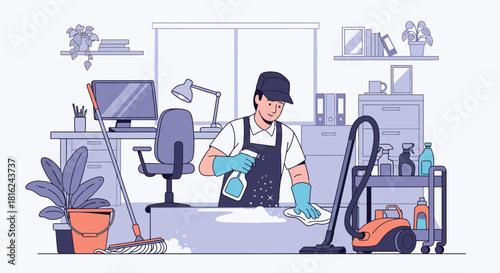 A cleaner is wiping a desk with a cloth and spray bottle in an office, using cleaning equipment.