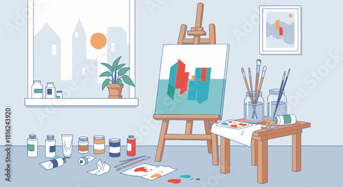 An artist's studio with a cityscape painting on an easel, surrounded by paints, brushes, and a window view.