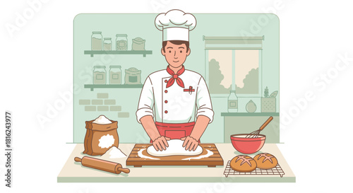 A chef in uniform kneads dough on a wooden board in a kitchen setting, with baking ingredients and tools nearby.