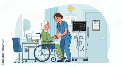 A healthcare professional assisting an elderly patient in a medical setting.