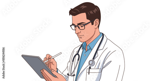 A male doctor in a white coat writes on a tablet, focused and attentive.