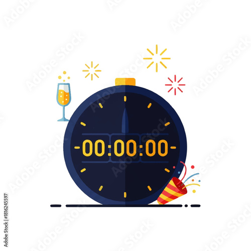 A flat vector icon illustration of a festive countdown timer showing zero, signifying a New Year's celebration with a party popper and champagne