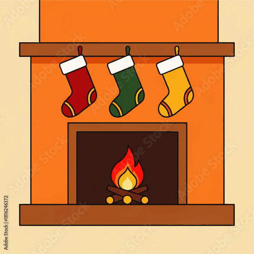 Flat vector icon of a fireplace with stockings hanging above the mantelpiece, depicting a warm and cozy scene with a crackling fire