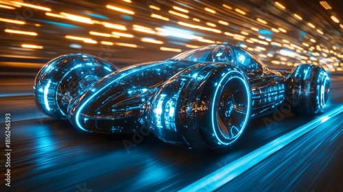 Fototapeta Naklejka Na Ścianę i Meble -  A sleek car zooms through lit streets, leaving a vibrant light trail in its wake as it speeds at night