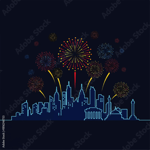 Festive Fireworks Display Over City Skyline A Night of Celebration and Joy