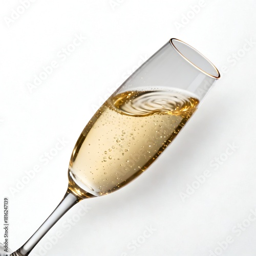 Elegant tilted champagne flute with golden sparkling wine on soft white background