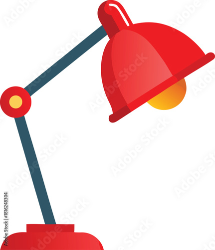 Retro cartoon desk lamp with a flexible goose neck arm and a red bell shaped shade white background
