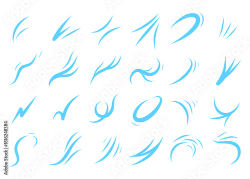 Set of hand-drawn linear wind icons. Continuous line sketches depicting air flow, gusts, swirls, smoke trails, and windy weather. Isolated vector illustration for motion, weather, or abstract design.