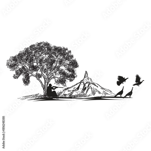 Hunter aiming at wild turkey isolated on, under a tree with a mountain in the distance, creating a captivating wildlife scene