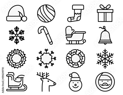 Minimalist Christmas Line Icons – Holiday Outline Symbol Set