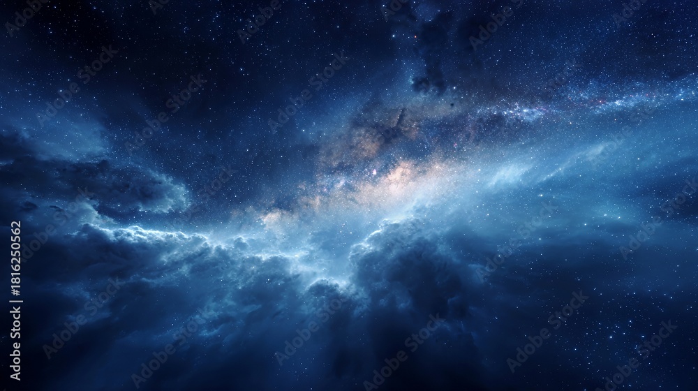 Obraz premium Celestial Nebula: Starlit Galaxy Clouds in Deep Blue Space