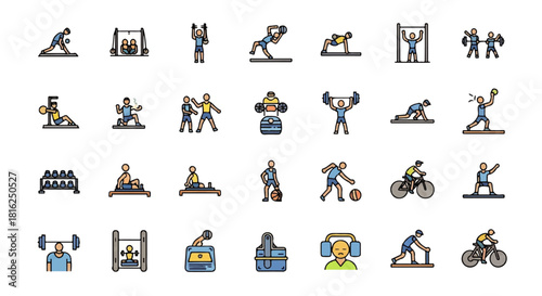 Advanced 2D flat design vector icon set of gym workouts, sports activities, and fitness equipment for web and mobile graphics