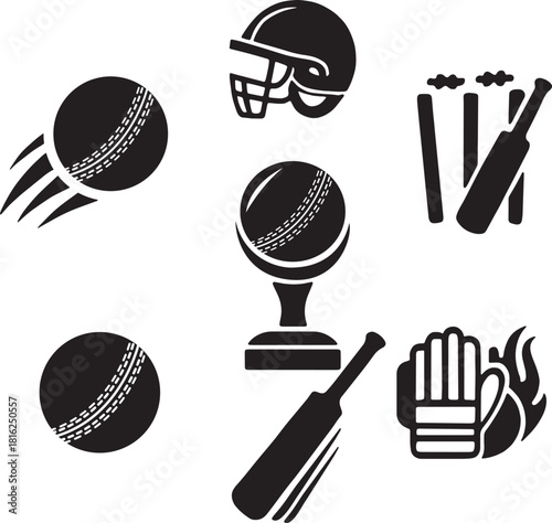 Black silhouette icons of cricket equipment including ball bat helmet stumps