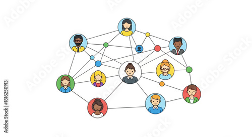 Network of diverse people connected by lines representing communication and collaboration a modern