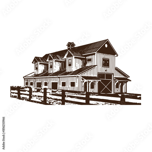 Rustic barn illustration isolated on showcases rural charm, architectural detail, and the essence of countryside living in a vintage style