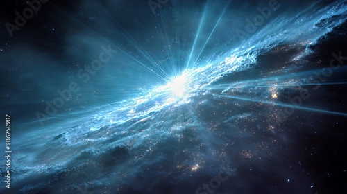 Celestial Radiance: Nebula Burst with Starlight Streams in Deep Space