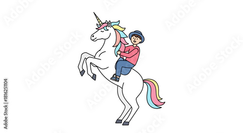 Enchanting unicorn illustration with a young boy, evoking fantasy and imagination in childhood