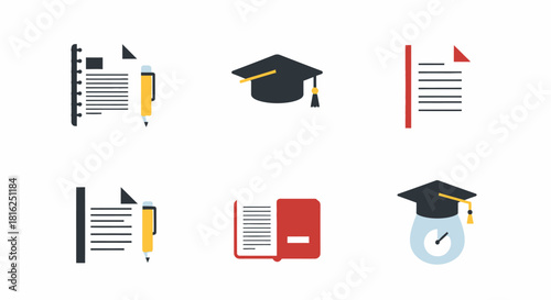 Education and Graduation Icons Set Presenting Flat Design Illustrations