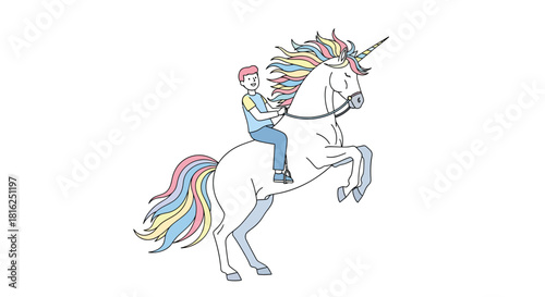 A whimsical illustration of a boy riding a majestic rearing unicorn with rainbow mane