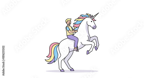 Whimsical Illustration of a Man Riding a Majestic Unicorn with Rainbow Mane and Tail