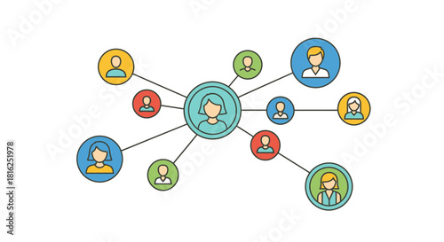 Illustration depicts a network of interconnected individuals showcasing social interactions and