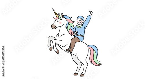 Illustration of a cheerful man riding a magical unicorn with a raised fist in victory and triumph
