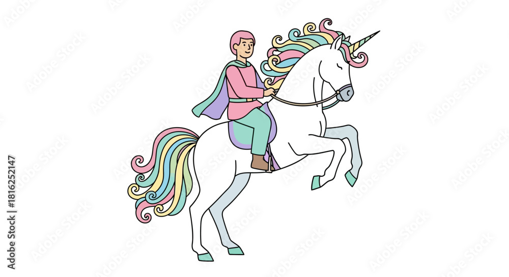 Obraz premium Enchanting scene of a prince riding a majestic unicorn with a colorful mane and tail