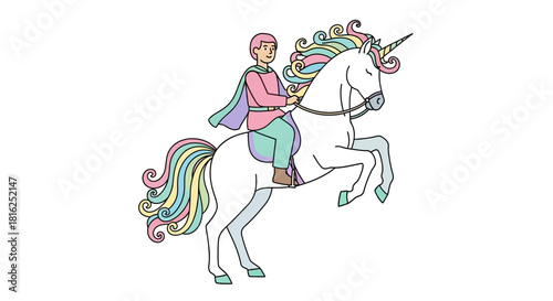 Enchanting scene of a prince riding a majestic unicorn with a colorful mane and tail