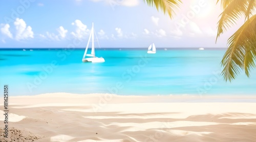 Fototapeta Naklejka Na Ścianę i Meble -  Sunny tropical Caribbean beach with swaying palm trees and crystal clear turquoise water, a serene Caribbean island vacation scene on a hot summer day, with powdery white sand and a few beach chairs s