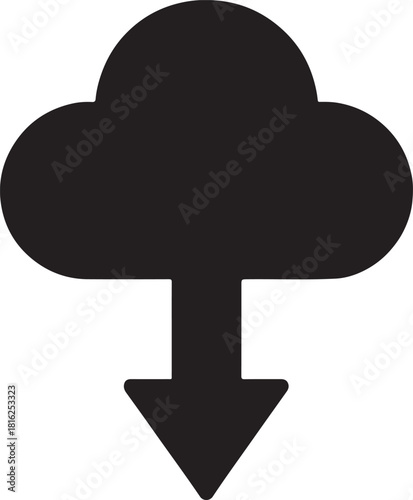 Cloud download solid icon showing data transfer from cloud storage in bold vector silhouette style.