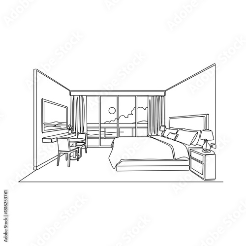 Minimal line art of a honeymoon suite with a large bed, modern interior, window with ocean view, cozy and romantic hotel room, comfortable atmosphere, vacation,luxurious relaxation, elegant simplicity