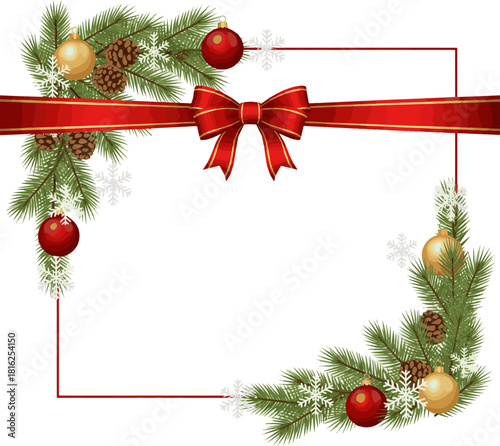 Create a christmas decoration card frame with red ribbon band and fir tree branches vector art with white background.