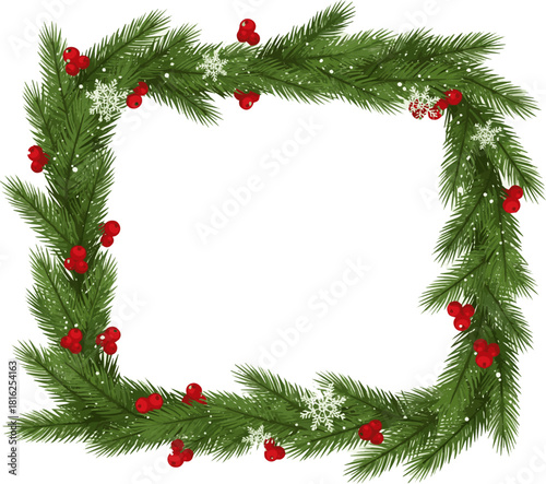 Create a Christmas frame with green pine branches vector art with white background.