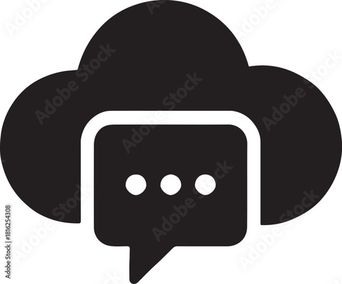 Cloud messaging icon showing online communication and chat delivery in bold solid vector silhouette.