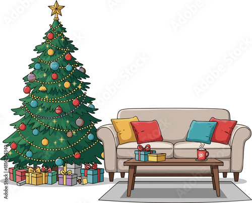Create a Christmas tre and sofa in living room vector art with white background..