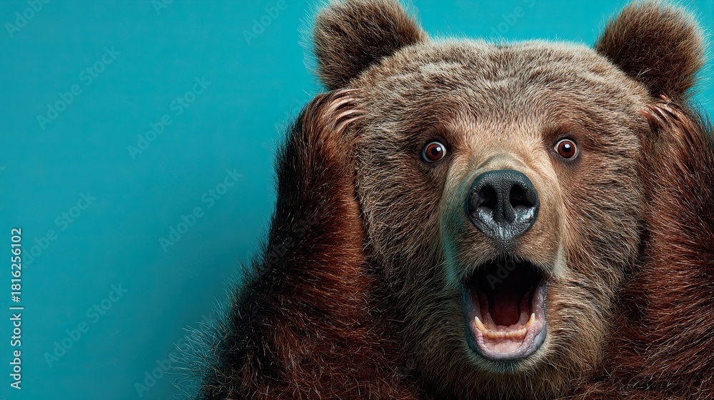 Obraz premium Bear face. Open mouth. Surprise, shock, paws on head on a solid colored background. Space for text.