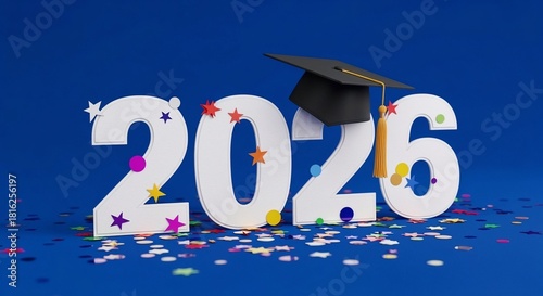 Graduation year 2026 displayed with cap and colorful confetti  