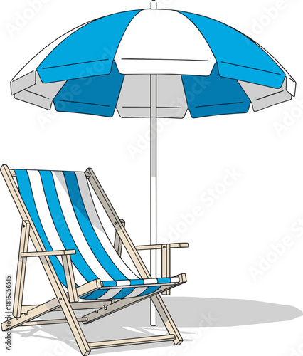 Create a Front view beach chair and umbrella vector art with white background.