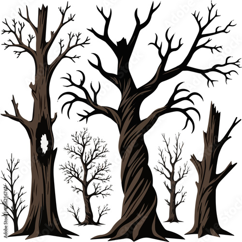 Create a kinds o f deferent old dead spooky tree vector art with white background.