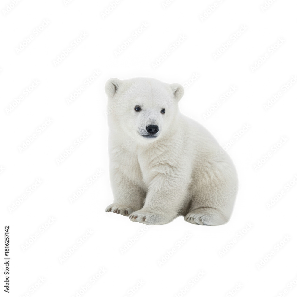 Obraz premium Adorable polar bear cub sitting attentively, a symbol of arctic wildlife and conservation efforts, perfect for nature documentaries and educational resources